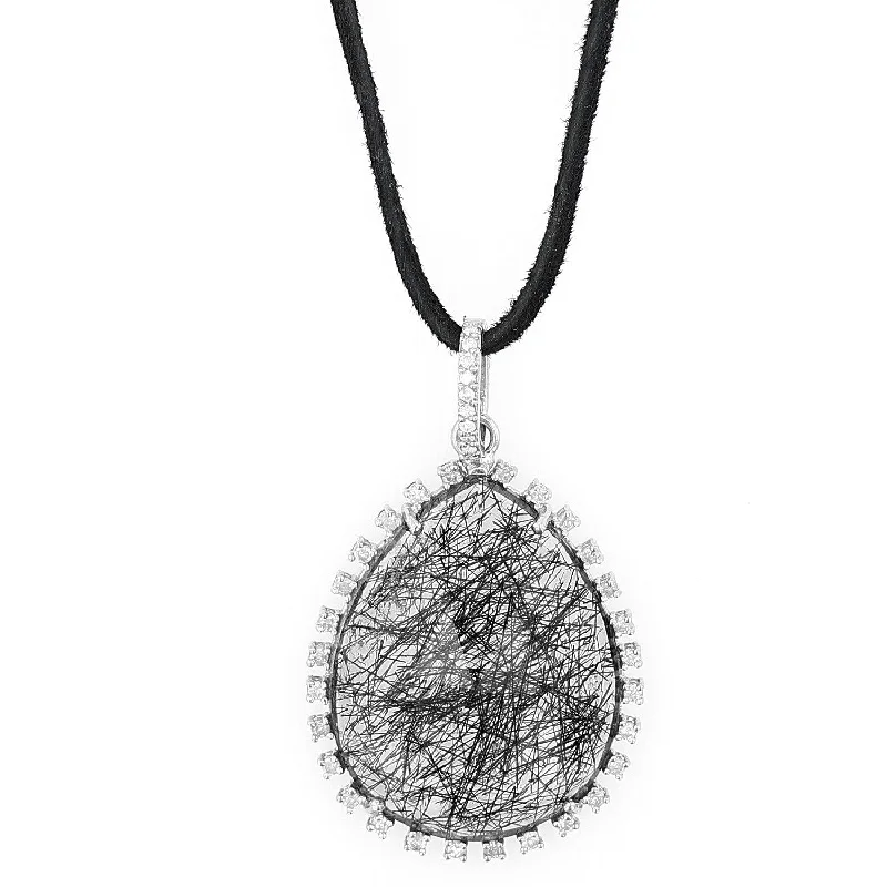 Women's necklaces sculpted-pendant-Rutilated Quartz Teardrop Pendant with Diamonds on Suede Cord Necklace  N0003431