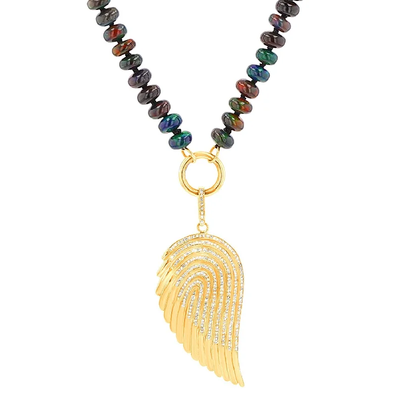 Women's necklaces luxe-peach-14k Diamond Angel Wing on Hand Knotted Ethiopian Black Opal Necklace NG002817