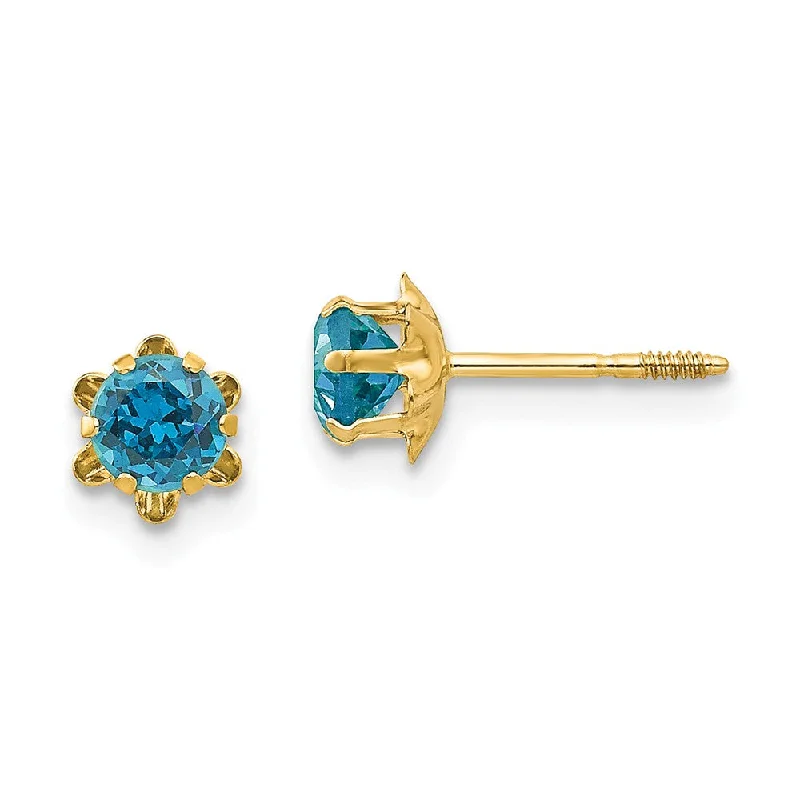 Women's earrings fine-gleam-Kids 4mm Synthetic Blue Topaz Screw Back 14k Yellow Gold Stud Earrings