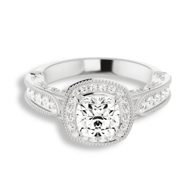 Women's engagement rings tender-bezel-Vintage Style Cushion Cut Diamond Halo Engagement Ring