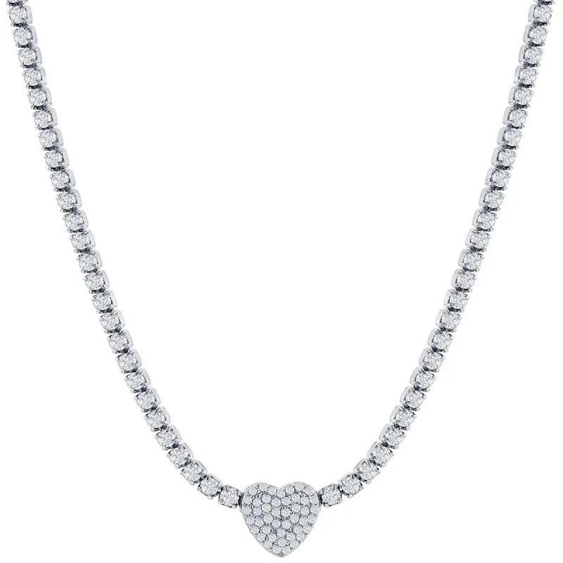 Women's necklaces aqua-marine-Classic Women's Necklace - Sterling Silver Heart Shape White CZ Tennis Style | M-7062