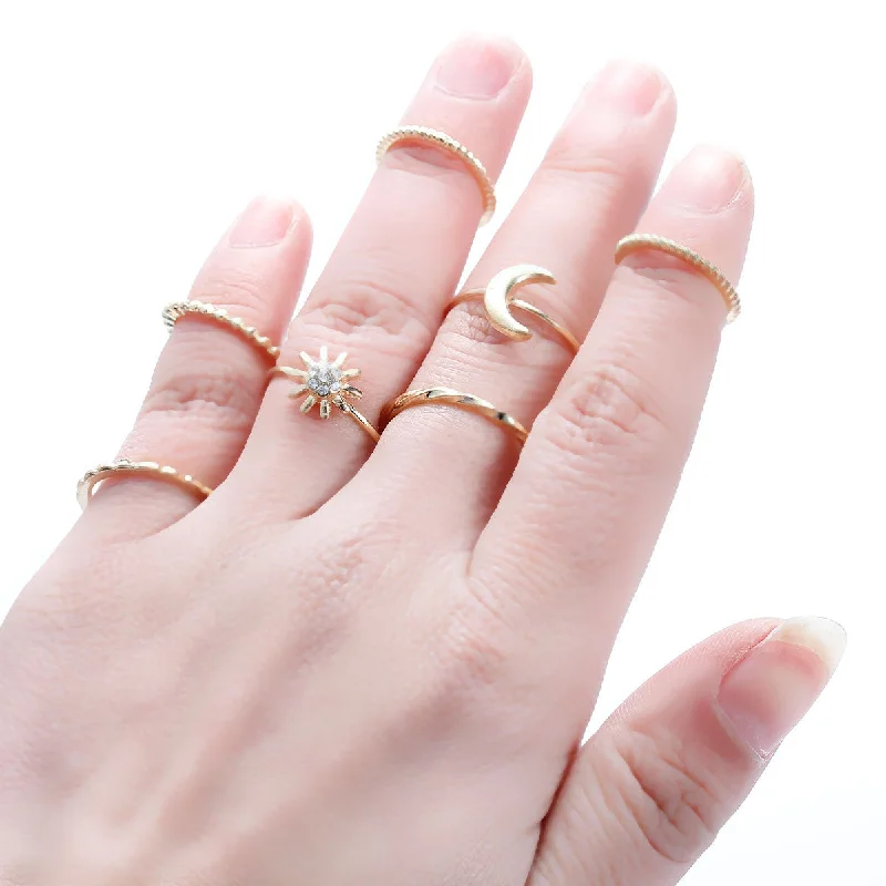 Women's rings playful-luxe-Sexy Sparkles 7PCS Vintage Moon Flower Joint Knuckle Nail Midi Ring Set