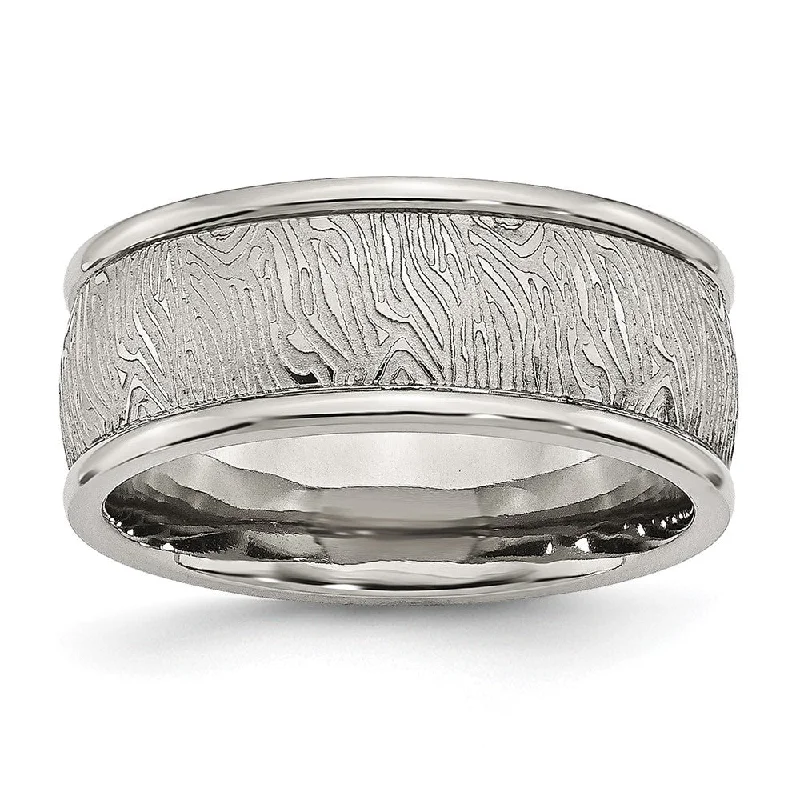 Women's rings crafted-charm-Men's 9mm Stainless Steel Polished and Textured Rounded Edge Band