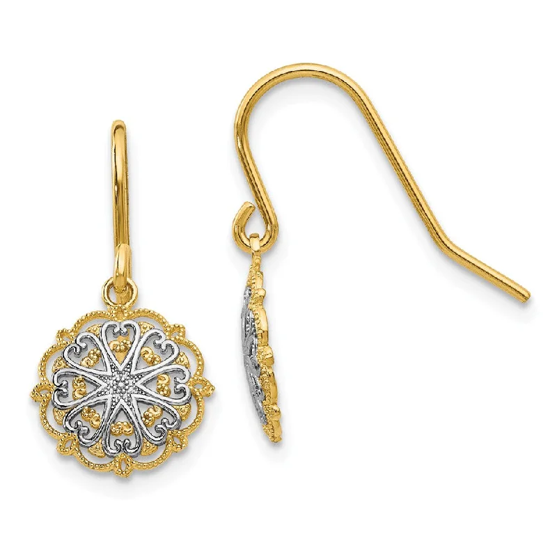 Women's earrings radiant-hoop-9mm Textured Dangle Earrings in 14k Yellow Gold and White Rhodium