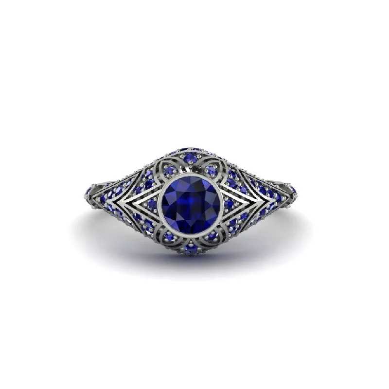 Women's engagement rings radiant-carve-Sapphire Bezel Vintage Filigree Engagement Ring - Kendall No. 75