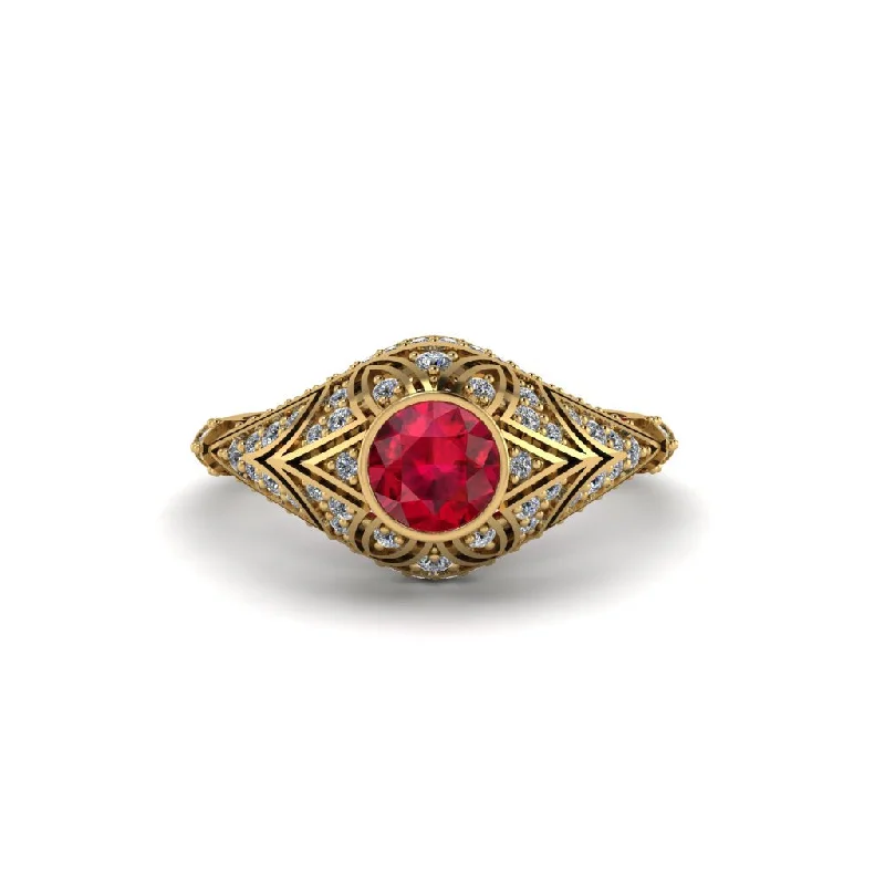 Women's engagement rings luxe-stone-Ruby Bezel Vintage Filigree Engagement Ring - Kendall No. 10