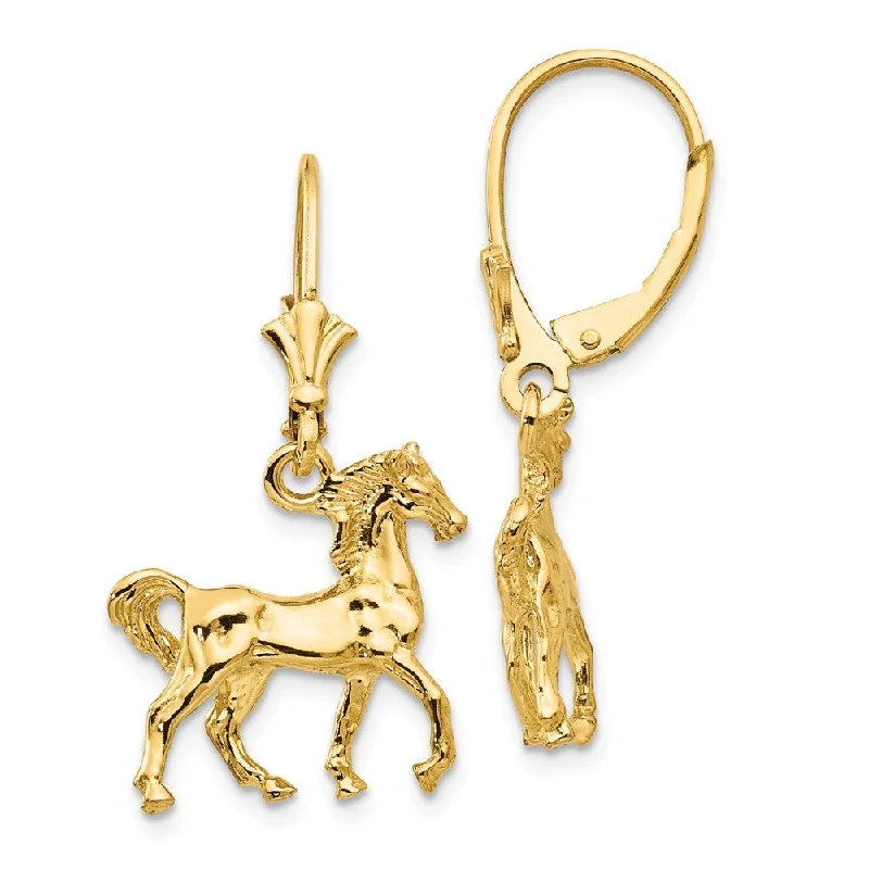 Women's earrings subtle-gleam-Polished 3D Horse Lever Back Earrings in 14k Yellow Gold