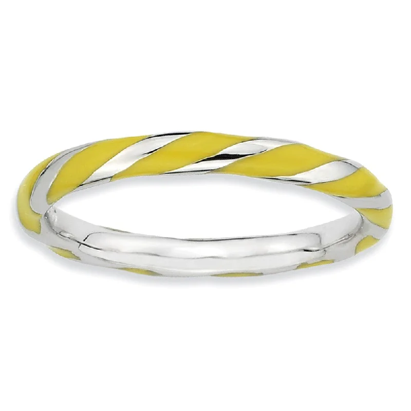 Women's rings soft-hue-2.4mm Silver Twisted Yellow Enameled Stackable Band