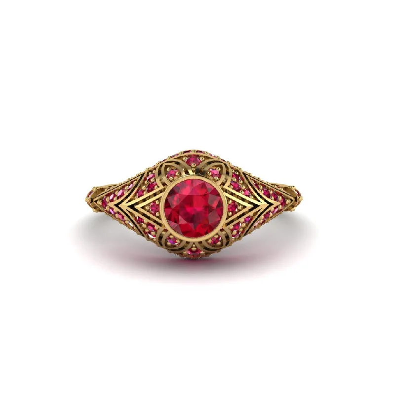 Women's engagement rings lab-grown-Ruby Bezel Vintage Filigree Engagement Ring - Kendall No. 55