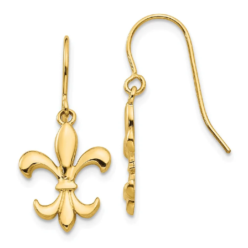 Women's earrings fine-blush-Polished Fleur De Lis Dangle Earrings in 14k Yellow Gold