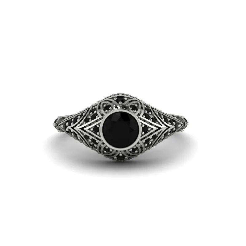 Women's engagement rings fine-satin-Black Diamond Bezel Vintage Filigree Engagement Ring - Kendall No. 39