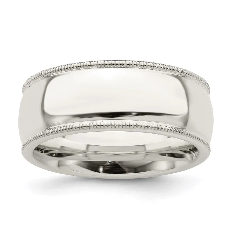 Women's rings sculpted-curve-Men's 8mm Sterling Silver Half Round Milgrain Edge Comfort Fit Band