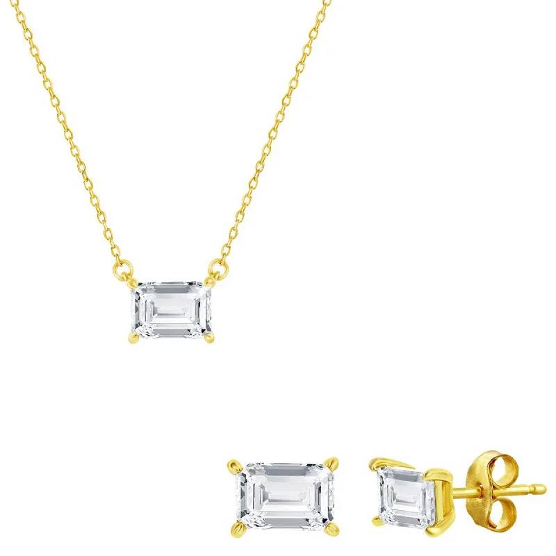 Women's necklaces delicate-zircon-Classic Women's Necklace and Earrings Set - Gold Solitaire Rectangle CZ | SET-609