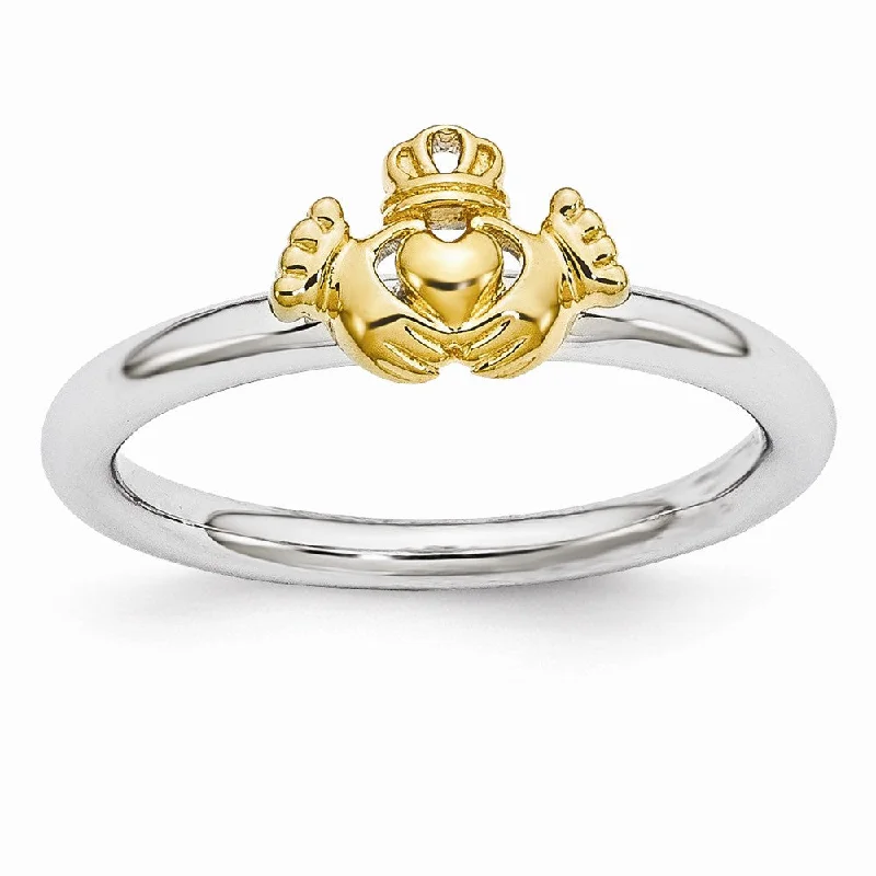 Women's rings ornate-shine-Rhodium & Gold Tone Plated Sterling Silver Stackable Claddagh Ring