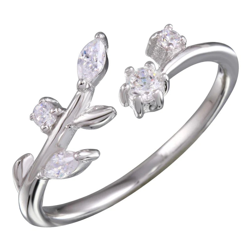 Women's rings ornate-twist-Silver 925 Rhodium Plated Stem Ring with CZ