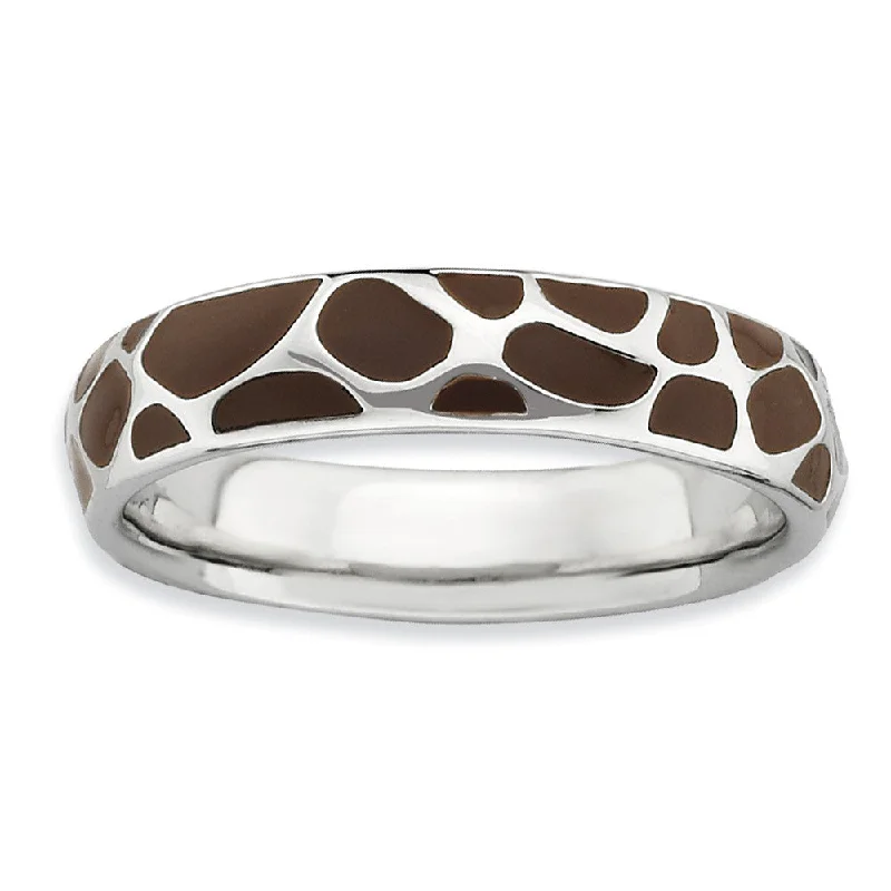 Women's rings hand-glossed-4.5mm Silver and Enamel Stackable Animal Brown Print Band