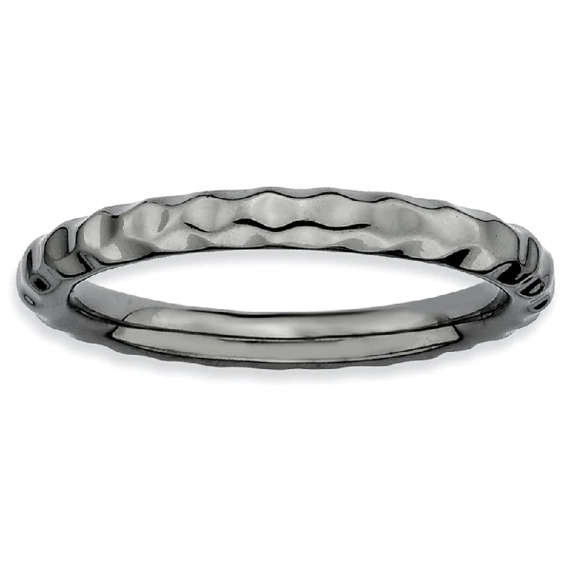 Women's rings hand-carved-2.25mm Stackable Black Plated Silver Hammered Band