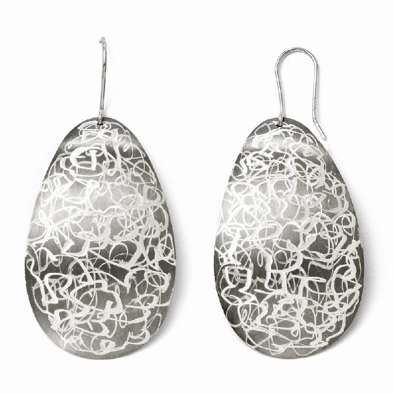 Women's earrings hand-carved-Two-Tone Sterling Silver Etched Finish Oval Dangle Earrings, 52mm