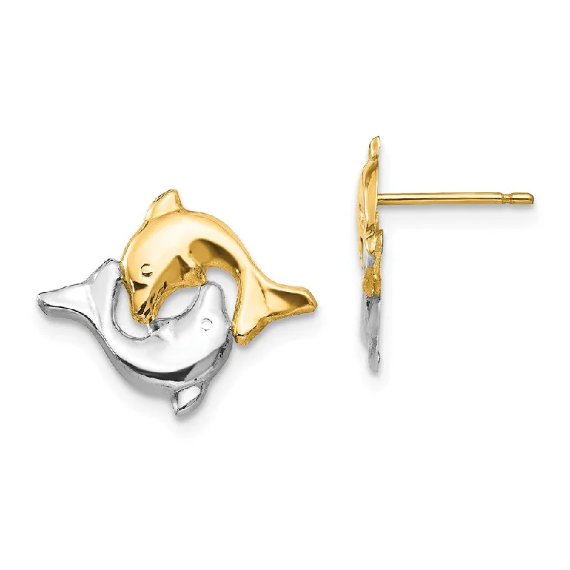 Women's earrings floral-steel-Two-Tone Frolicking Dolphins Post Earrings in 14k Gold and Rhodium