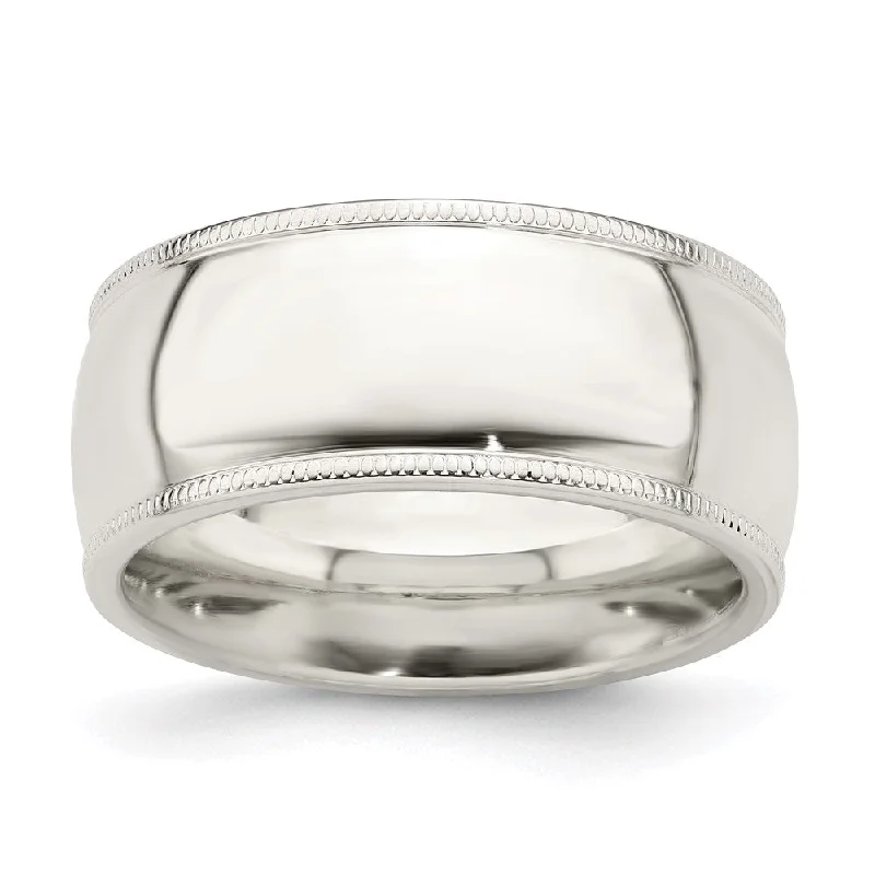 Women's rings evening-stone-Men's 9mm Sterling Silver Half Round Milgrain Edge Comfort Fit Band