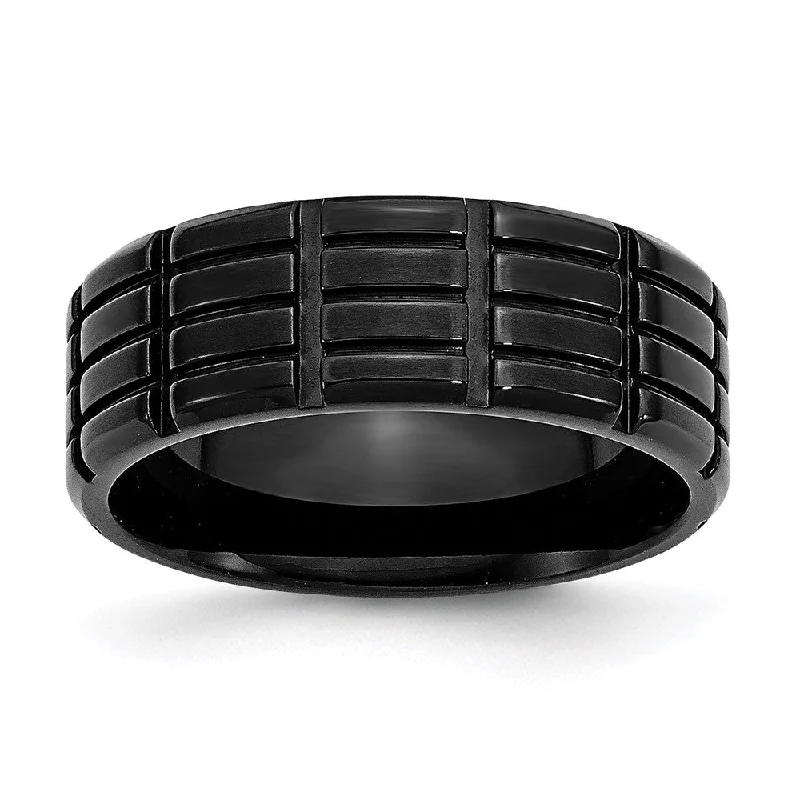 Women's rings iridescent-opal-Men's 8mm Black Plated Stainless Steel Grooved Standard Fit Band