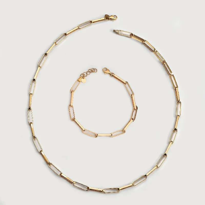 Women's bracelets luminous-glow-Paperclip Necklace + Paperlink Bracelet in 14K Gold