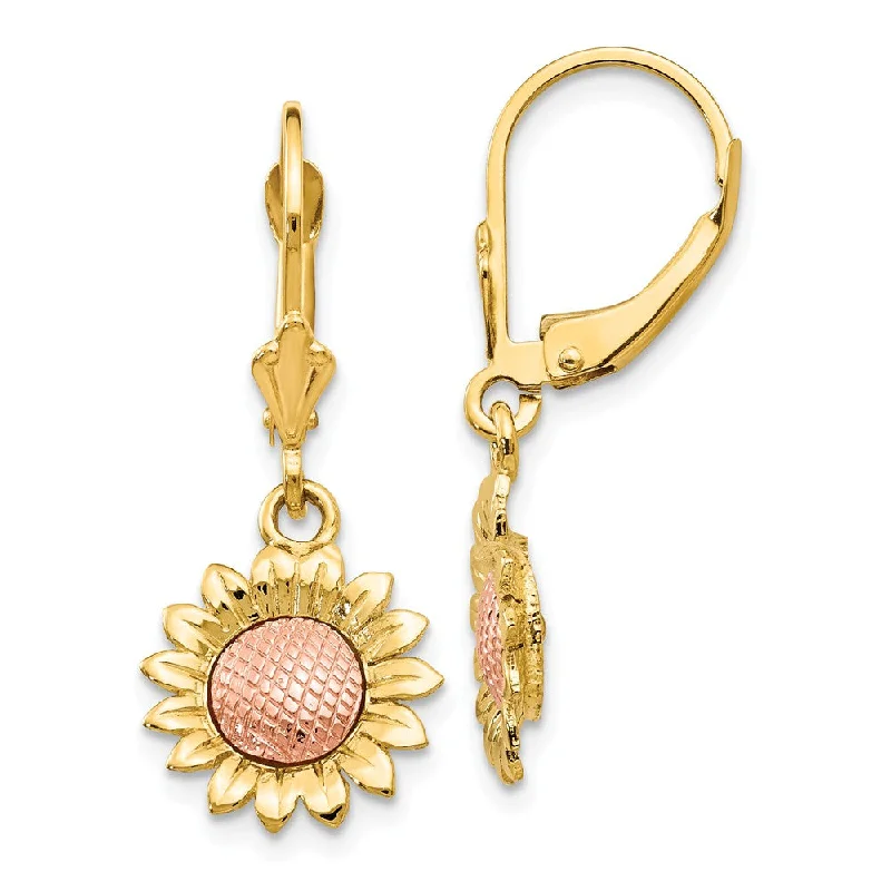 Women's earrings rustic-platinum-Two Tone Sunflower Lever Back Earrings in 14k Yellow and Rose Gold