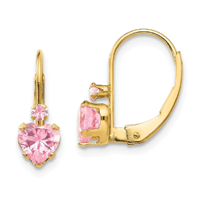 Women's earrings starry-Kids Pink Cubic Zirconia Heart Lever Back Earrings in 14k Yellow Gold