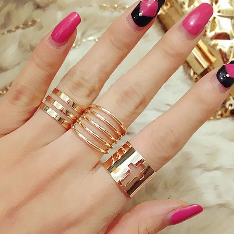 Women's rings celestial-stone-Sexy Sparkles Adjustable Women's Band Knuckle Midi Ring Set Gold Tone Cross & Stripes Pattern 1 Set(3pcs)