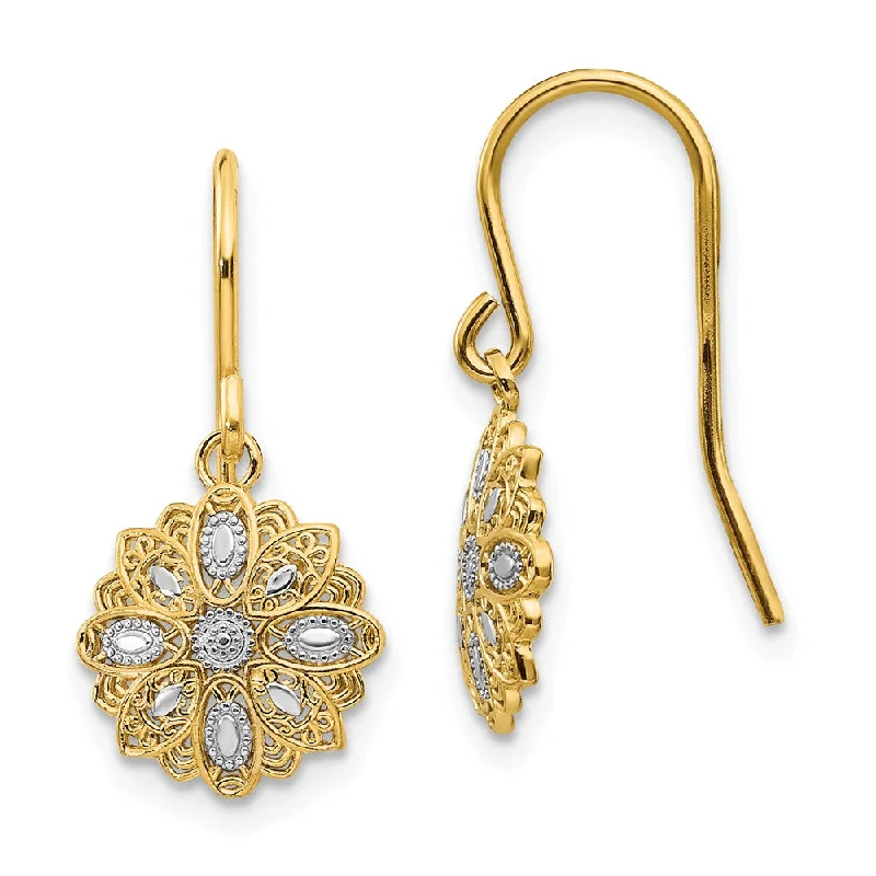 Women's earrings fine-gleam-10mm Floral Dangle Earrings in 14k Yellow Gold and White Rhodium