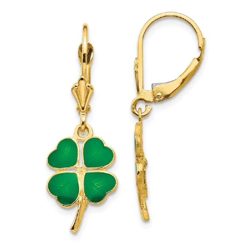 Women's earrings floral-charm-Green 4-Leaf Clover Lever Back Earrings in 14k Yellow Gold and Enamel