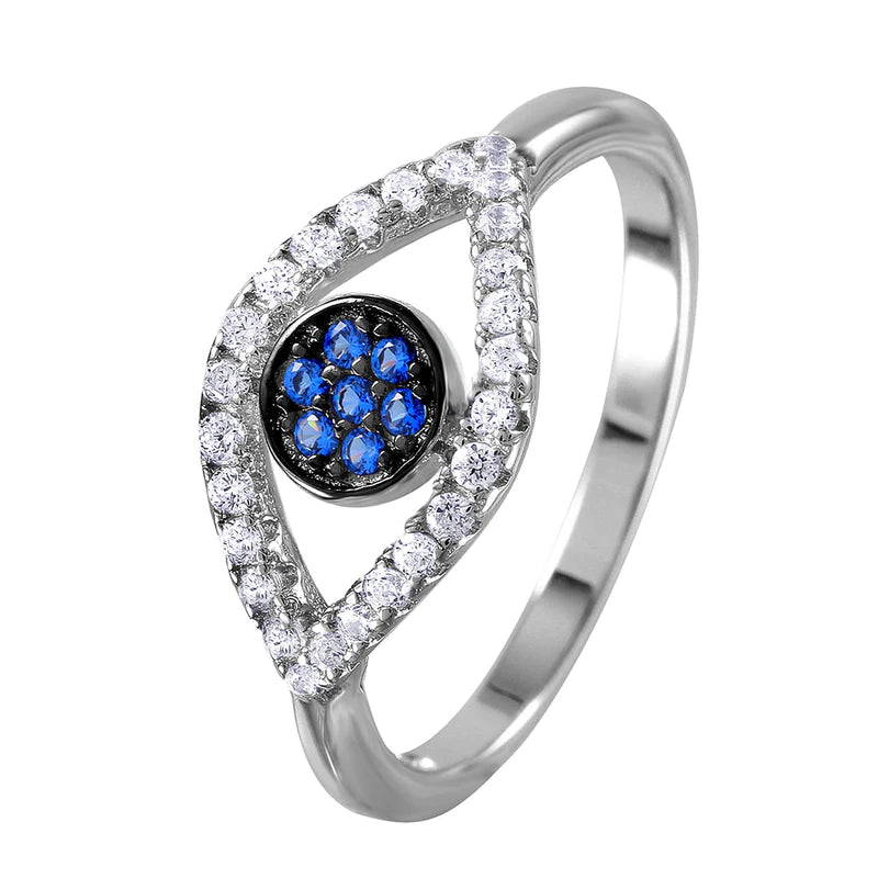 Women's rings luminous-zircon-Silver 925 Rhodium Plated Open Evil Eye Ring with Blue Center Stones