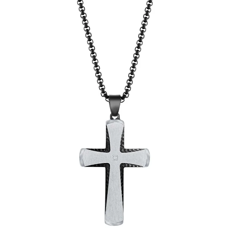 Women's necklaces floral-steel-Metallo Men's Necklace - Stainless Steel Black and Silver Single CZ Cross | SL-7119