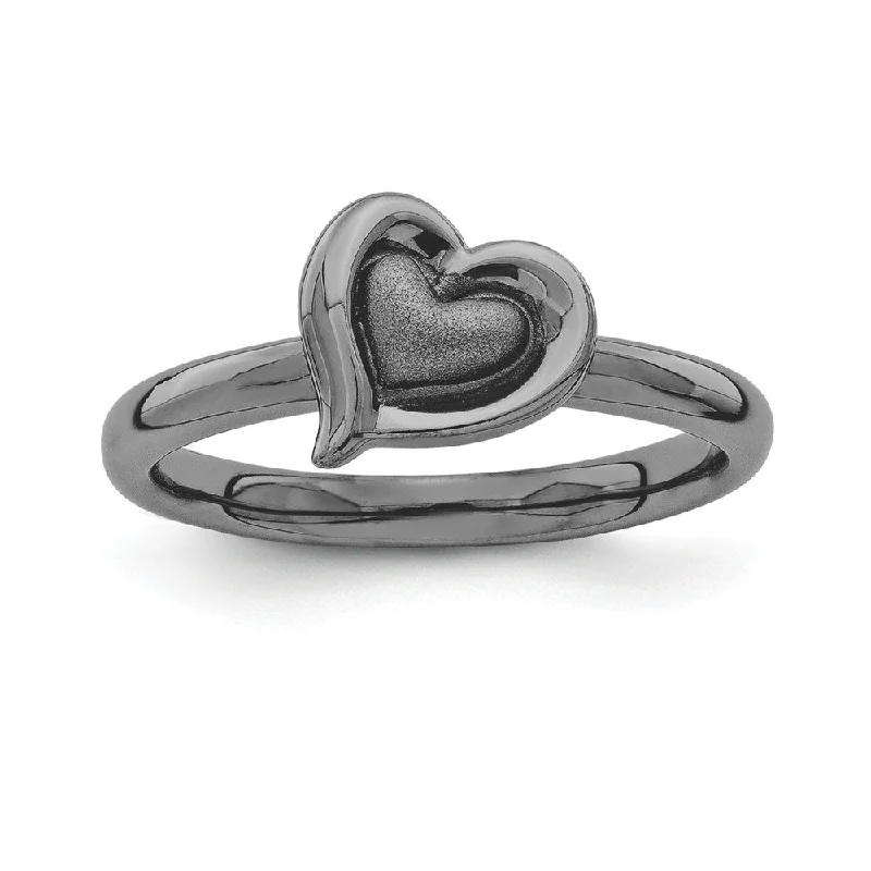 Women's rings tri-tone-Black Plated Sterling Silver Stackable 9mm Heart Ring