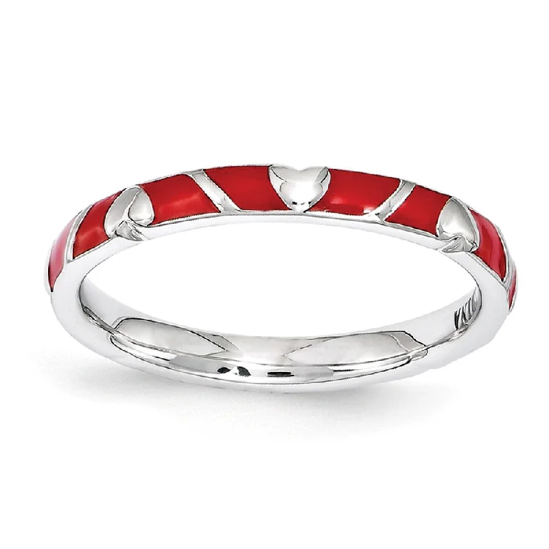 Women's rings vivid-swirl-2.5mm Sterling Silver Stackable Expressions Red Enamel Heart Band