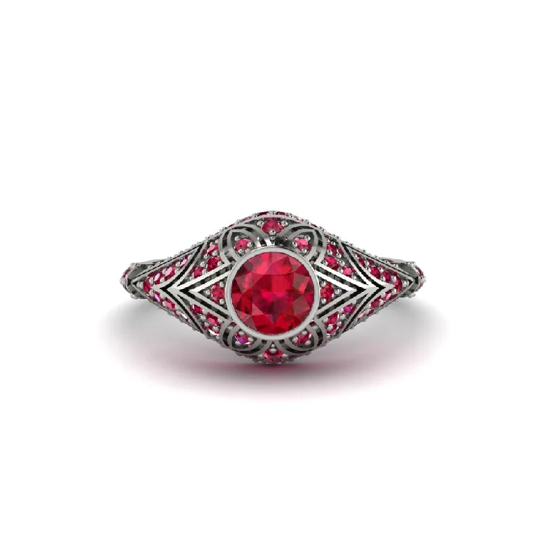 Women's engagement rings whimsical-halo-Ruby Bezel Vintage Filigree Engagement Ring - Kendall No. 57