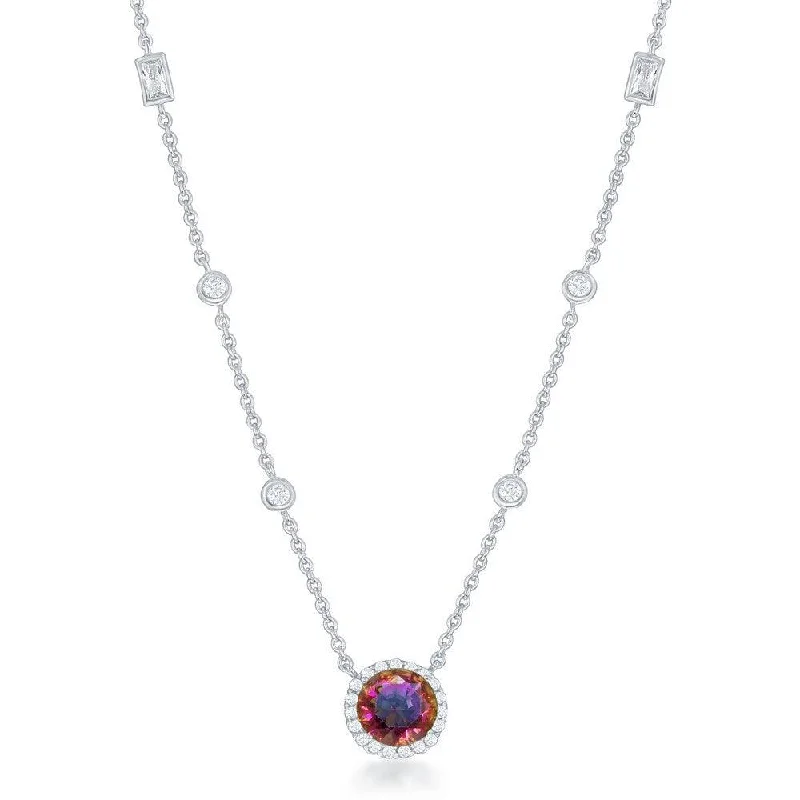 Women's necklaces fine-etching-Sterling Silver Round Rainbow and Clear CZ Necklace