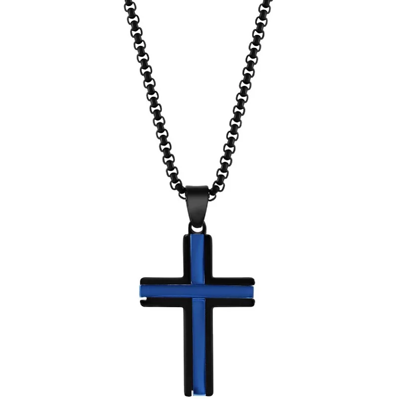 Women's necklaces blush-pendant-Metallo Men's Necklace - Stainless Steel Black and Blue Plated 24 inch Cross | SL-7125