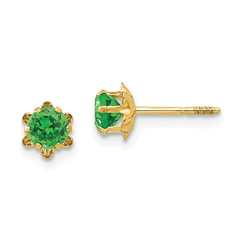 Women's earrings twinkling-stud-Kids 4mm Synthetic Emerald Screw Back Stud Earrings in 14k Yellow Gold