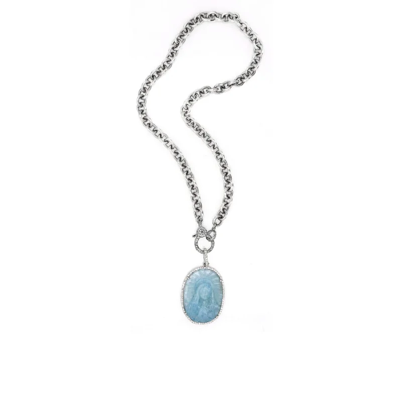 Women's necklaces playful-charm-Aquamarine Madonna Diamond Halo Pendant Chain Necklace - 17"  N0003069