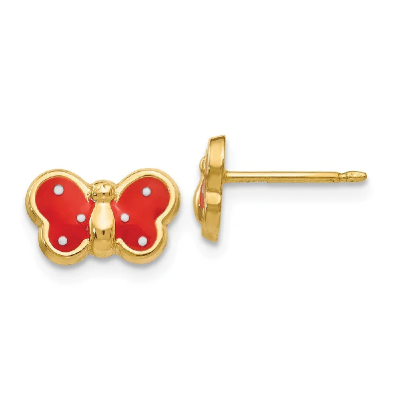 Women's earrings tri-layer-Kids 10mm Red Butterfly Post Earrings in 14k Yellow Gold and Enamel