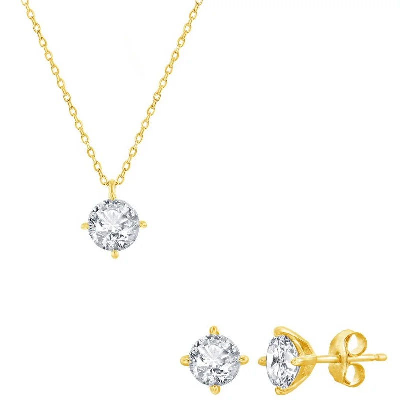 Women's necklaces wispy-stone-Classic Women's Necklace and Earrings Set - Gold Solitaire Round White CZ | SET-620