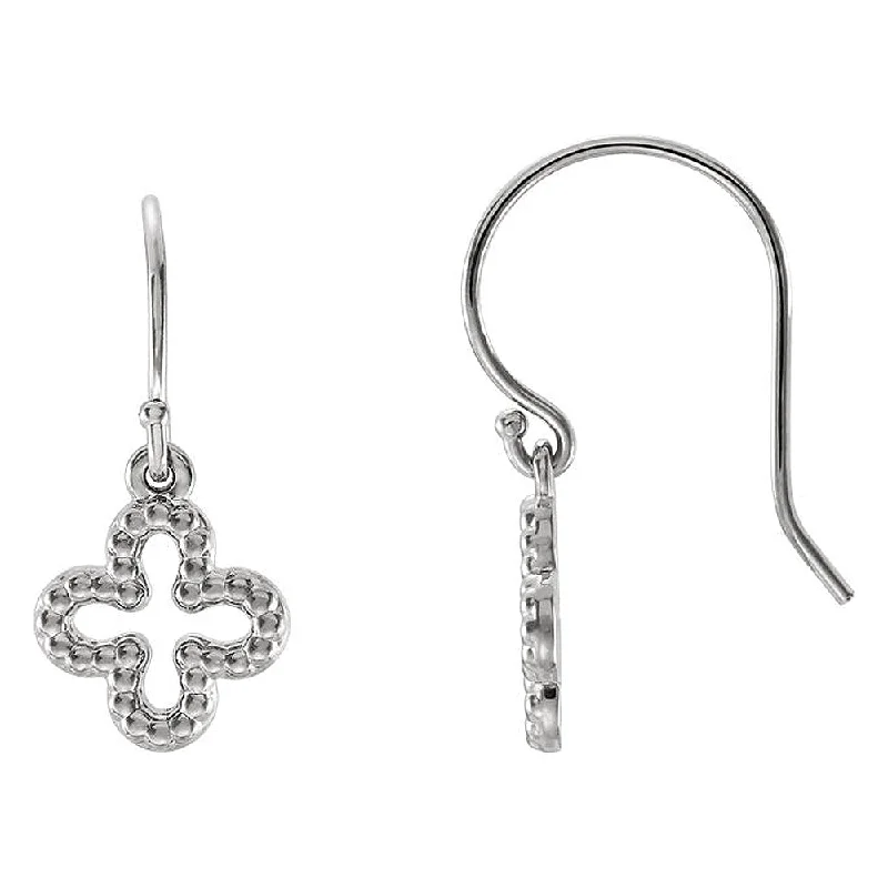 Women's earrings artisan-etched-10mm (3/8 Inch) 14k White Gold Small Beaded Clover Dangle Earrings