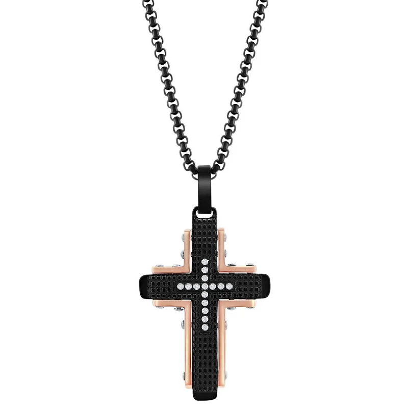 Women's necklaces luxe-crystal-Metallo Men's Necklace - Black and Rose Stainless Steel CZ Cross Pendant | SL-7105