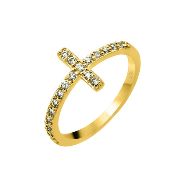 Women's rings sculpted-wave-Silver 925 Gold Plated Clear Inlay CZ Cross Ring