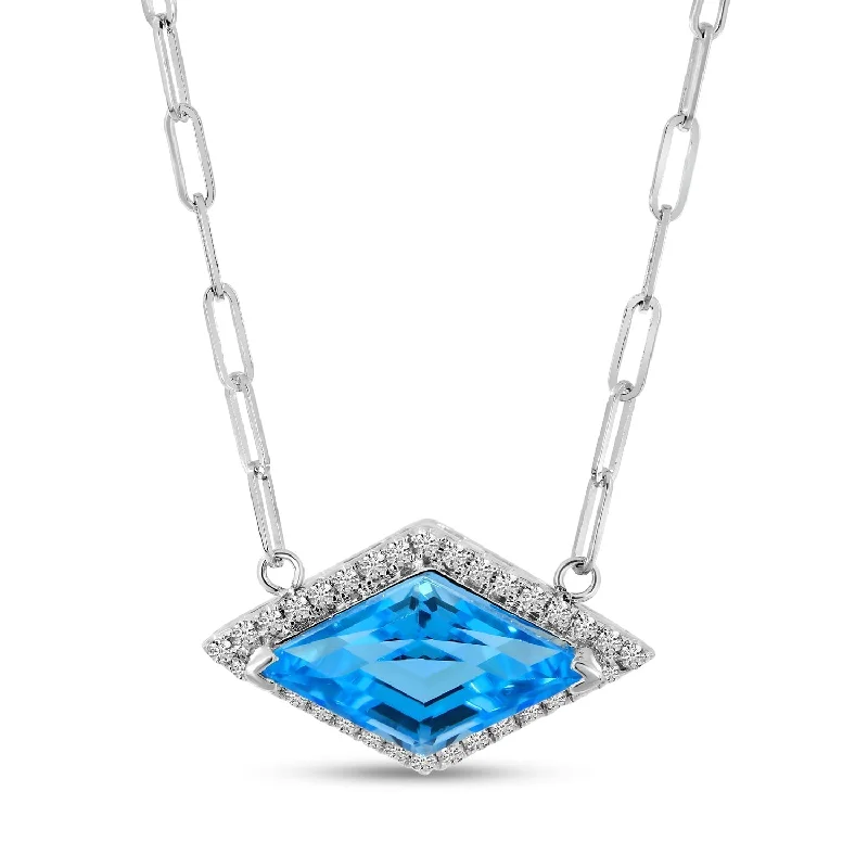 Women's necklaces glossy-chain-TRILLION BLUE TOPAZ & DIAMOND HALO NECKLACE P4443W-18