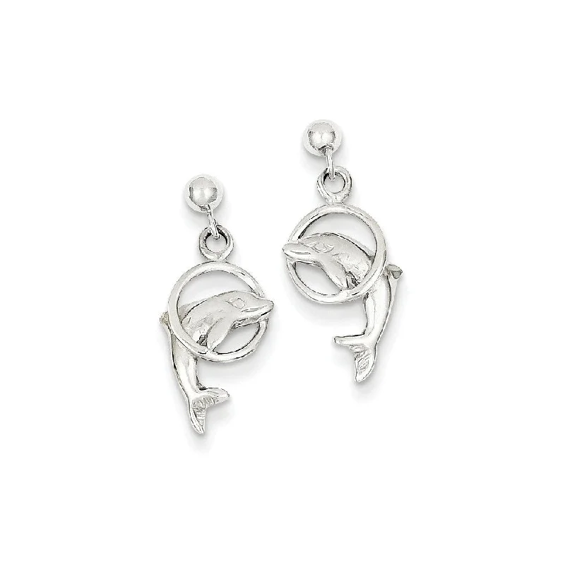 Women's earrings radiant-hoop-Dolphin & Hoop Dangle Post Earrings in 14k White Gold