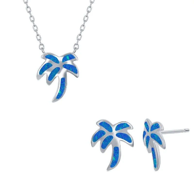 Women's necklaces crafted-gleam-Opalata Women's Necklace and Earrings Set - Sterling Blue Opal Palm Tree | SET-570