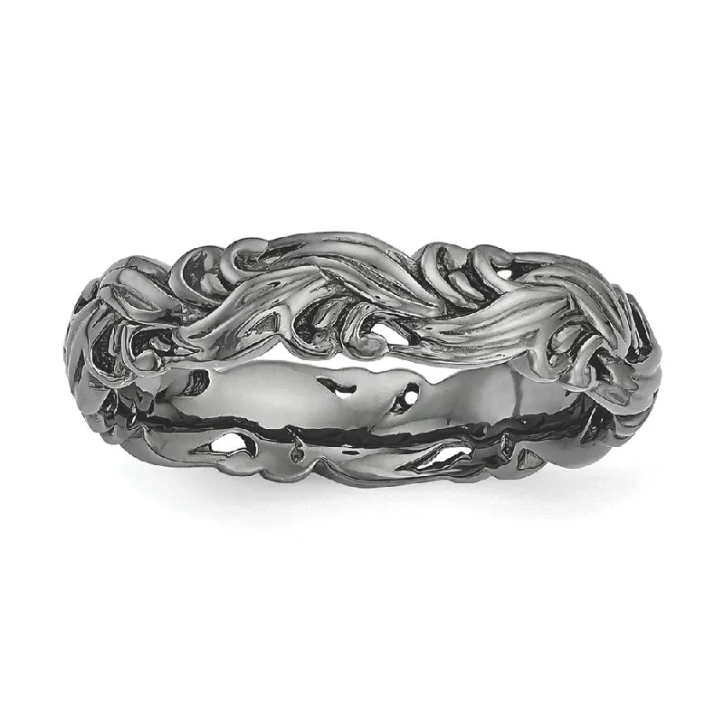 Women's rings delicate-zircon-4.5mm Black Plated Sterling Silver Stackable Carved Band