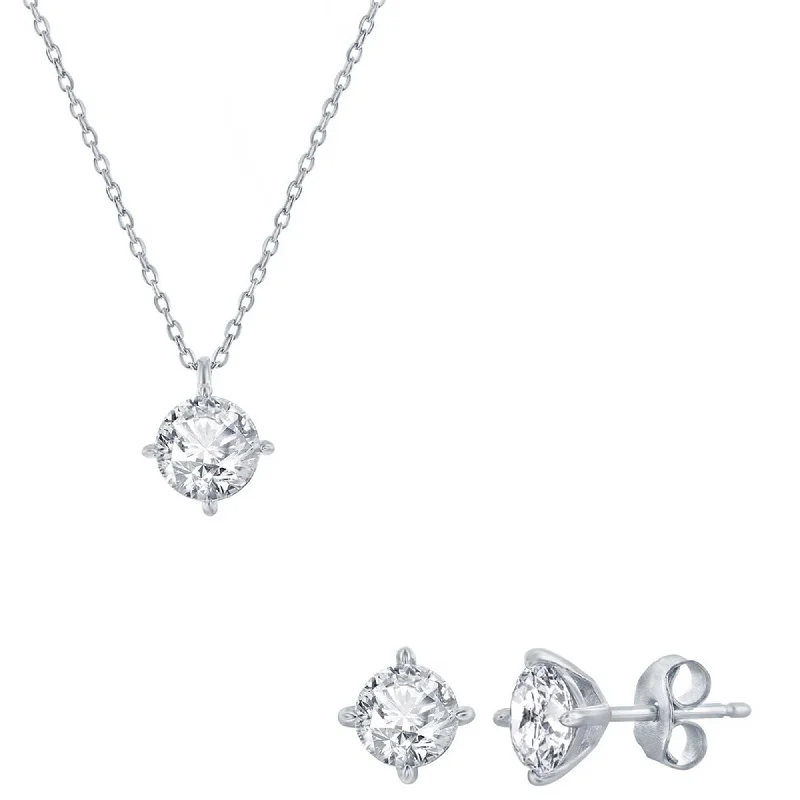 Women's necklaces luxe-peach-Classic Women's Necklace and Earrings Set - Silver Solitaire Round White CZ | SET-619